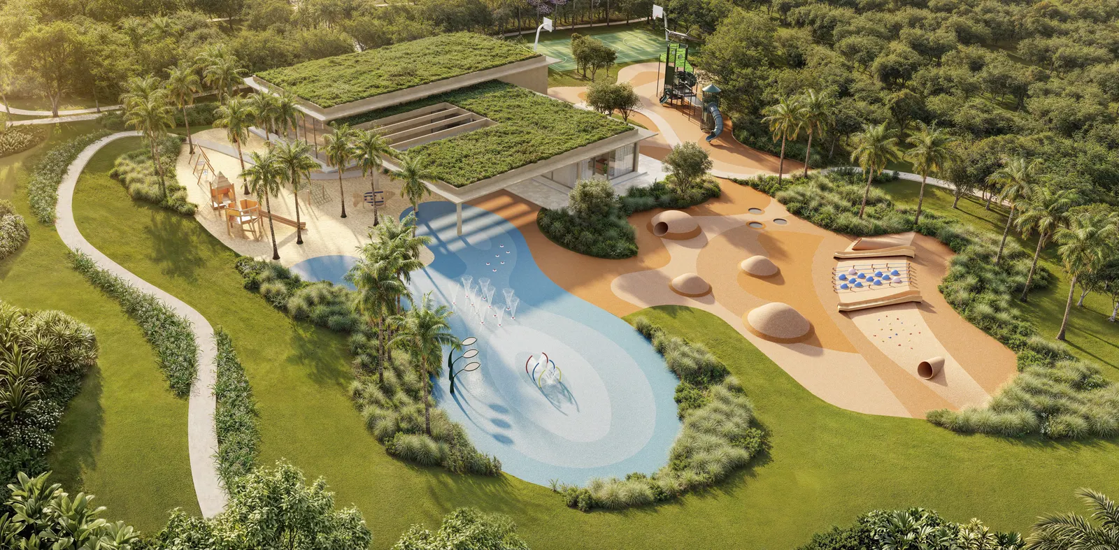 Vista aérea do sports e kids club, com piscina de borda curva, quadras e área de recreação infantil