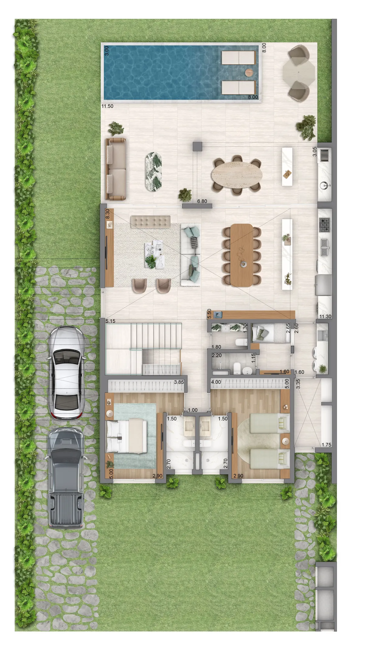 Planta do pavimento térreo da casa padrão, com sala de pé-direito duplo, cozinha, varanda gourmet e dependência de serviço